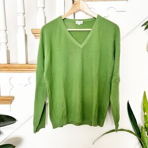 Fewa Pashmina Cashmere Sweater Green V-Neckline Soft Knit Pullover Size S Small